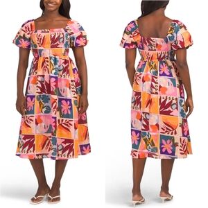 💕🔹️Us Together 🔹️puff Sleeve Printed Maxi Dress With Smocked Bodice